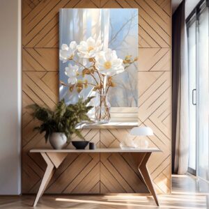 Obraz do wnętrza w ramie z kwiatami, obraz na płótnie w przedpokoju w ramie "Delikatne białe kwiaty w wazonie"