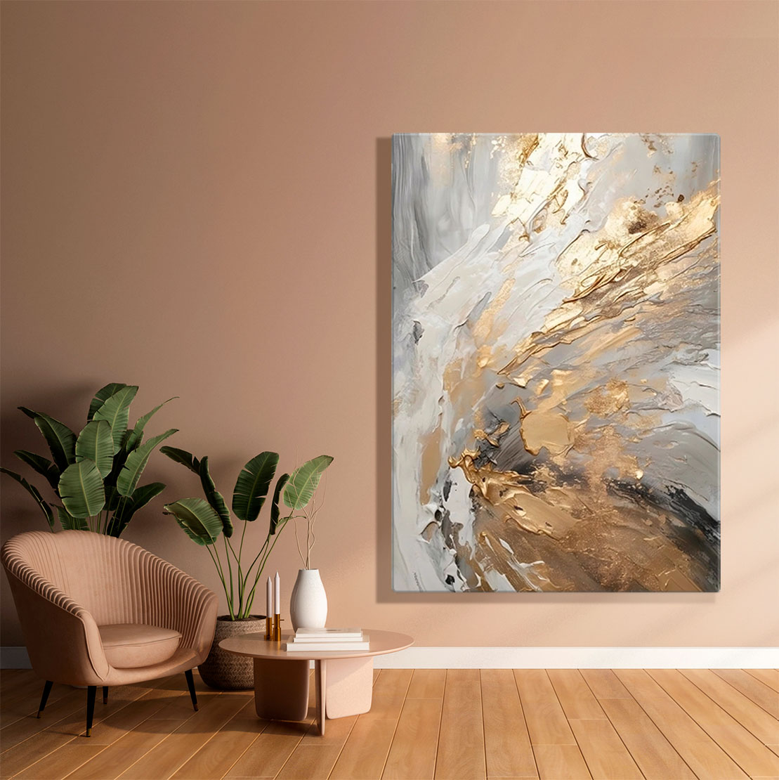 Abstrakcyjny obraz na płótnie, oprawiony w ramę "Złote plamy"