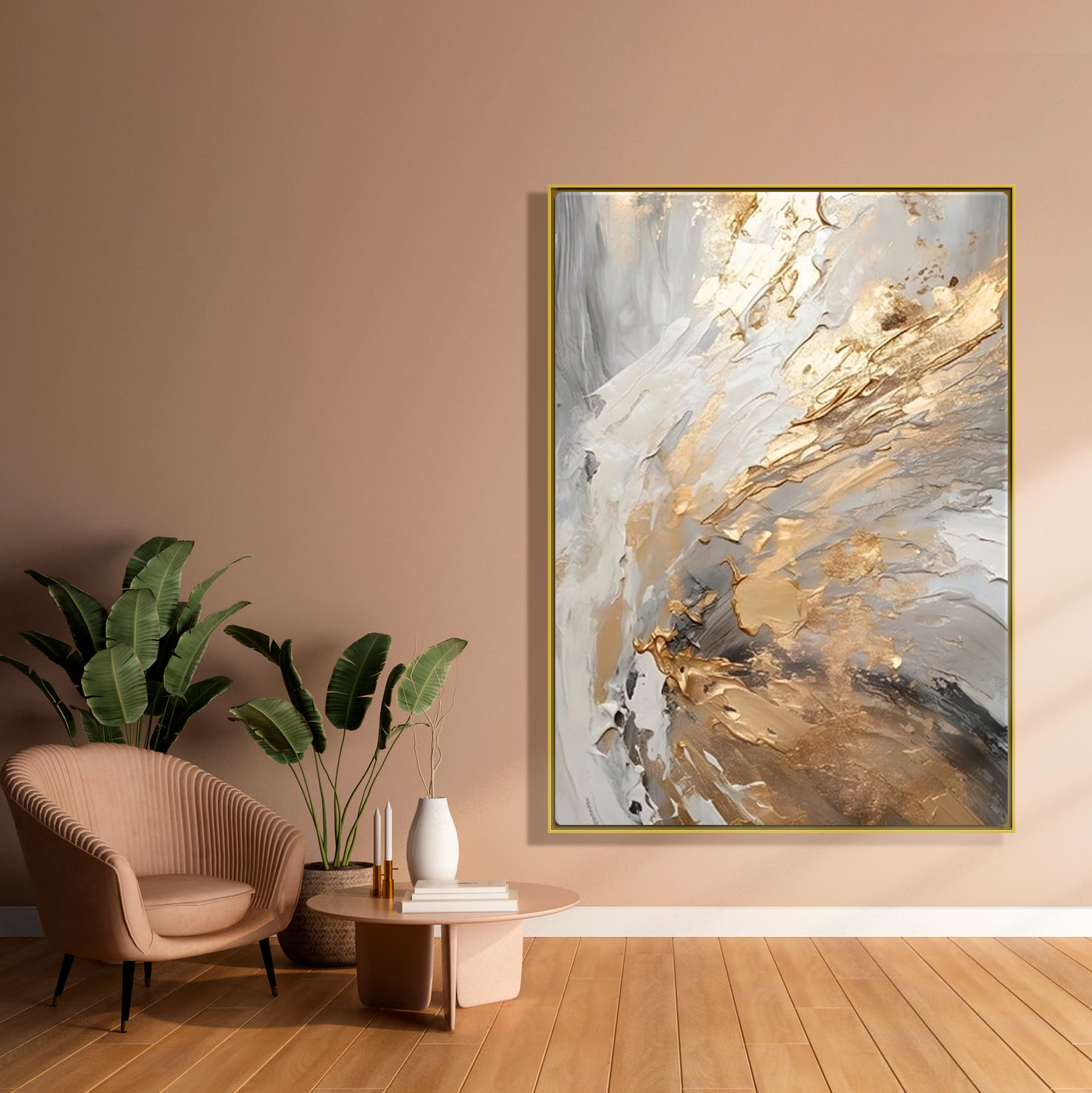 Abstrakcyjny obraz na płótnie, oprawiony w ramę "Złote plamy" - obrazek 2