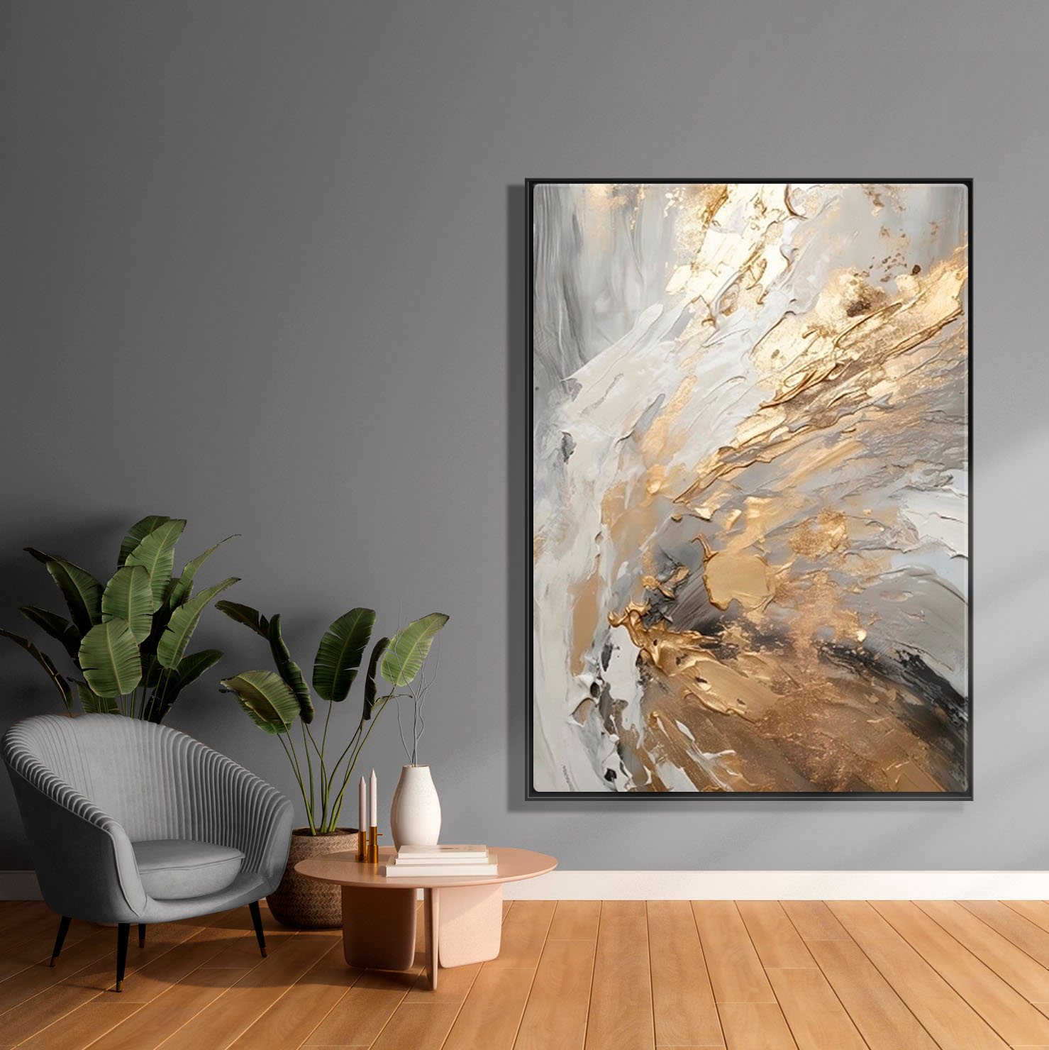 Abstrakcyjny obraz na płótnie, oprawiony w ramę "Złote plamy" - obrazek 4