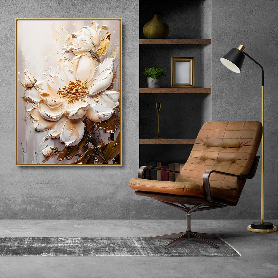 Obraz do salonu w ramie, obraz w ramie z efektem 3D "Duży biały kwiat objętościowy" - obrazek 2