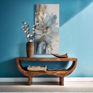 Obraz designerski z kwiatami w nowoczesnej ramie, obraz na płótnie do wnętrza w ramie "Kwiat niebieski i złoty"