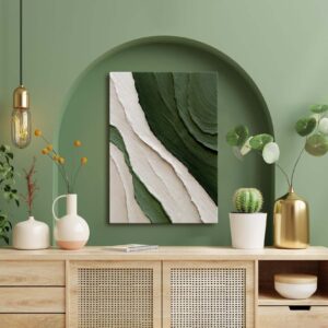 Obraz w nowoczesnej ramie wiszącej, obraz abstrakcyjny w ramie "Białe i zielone farby"