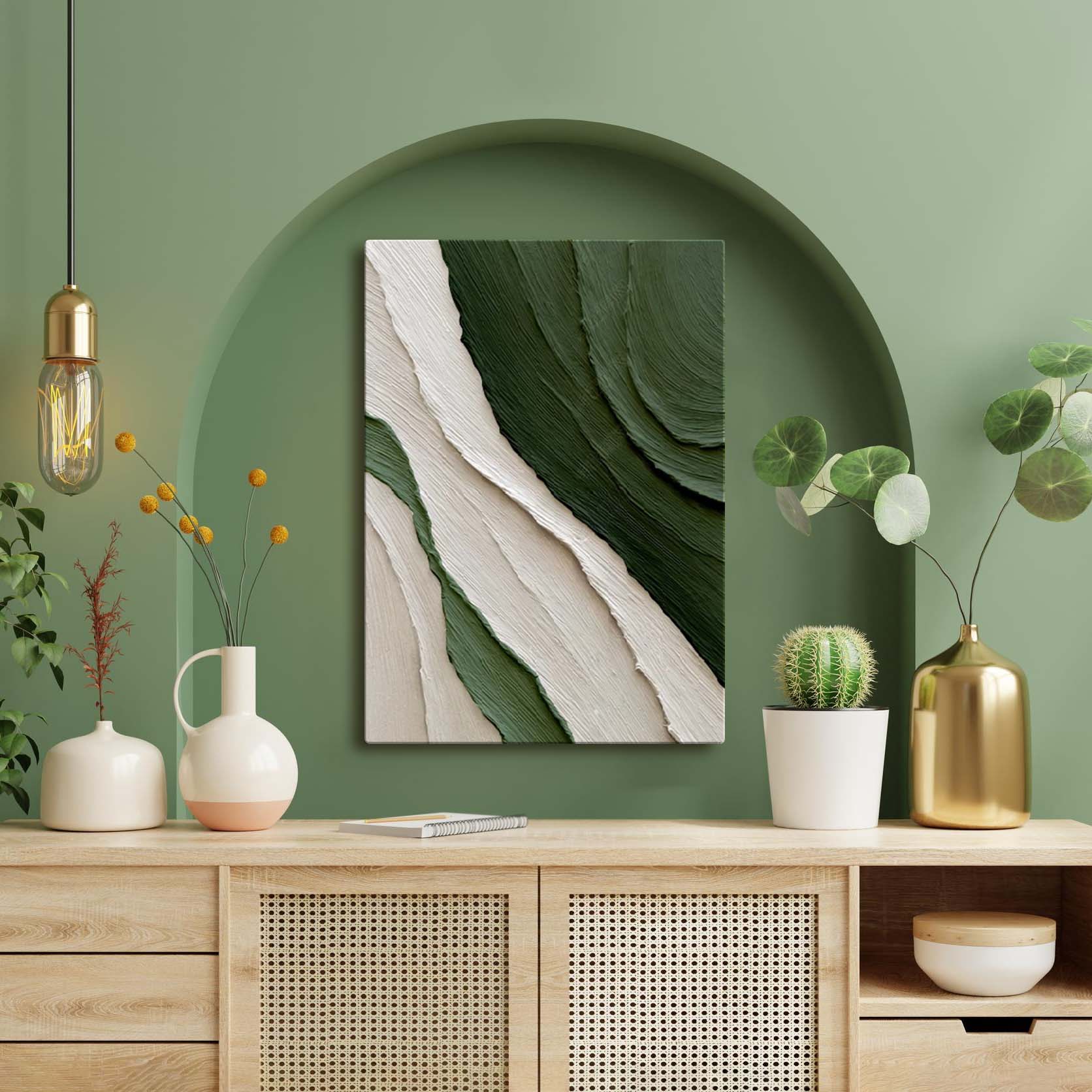Obraz w nowoczesnej ramie wiszącej, obraz abstrakcyjny w ramie "Białe i zielone farby"