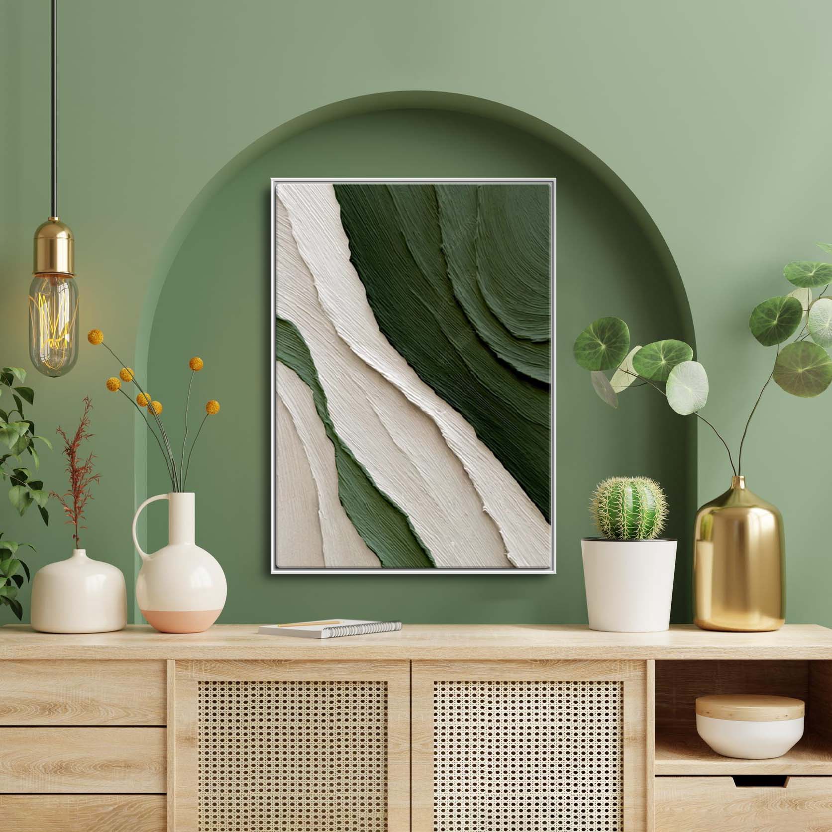 Obraz w nowoczesnej ramie wiszącej, obraz abstrakcyjny w ramie "Białe i zielone farby" - obrazek 2