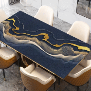 Wodoodporny nowoczesny obrus kuchenny i jadalniany, zabezpieczenie stołu z motywem „Golden‑blue waves”