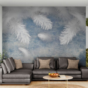 Bezszwowa tapeta z piórami, delikatna niebiesko-biała tapeta do sypialni "Latające białe pióra"