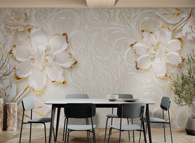 Fototapeta z kwiatami do salonu, tapeta bezszwowa "Białe i złote kwiaty" - obrazek 3
