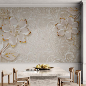 Fototapeta z kwiatami do salonu, tapeta bezszwowa "Białe i złote kwiaty"