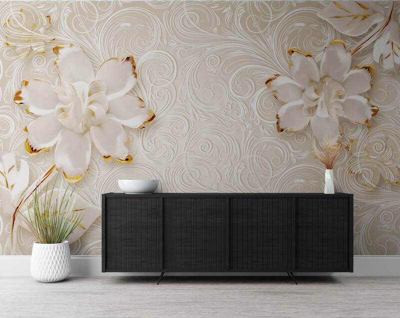Fototapeta z kwiatami do salonu, tapeta bezszwowa "Białe i złote kwiaty" - obrazek 2