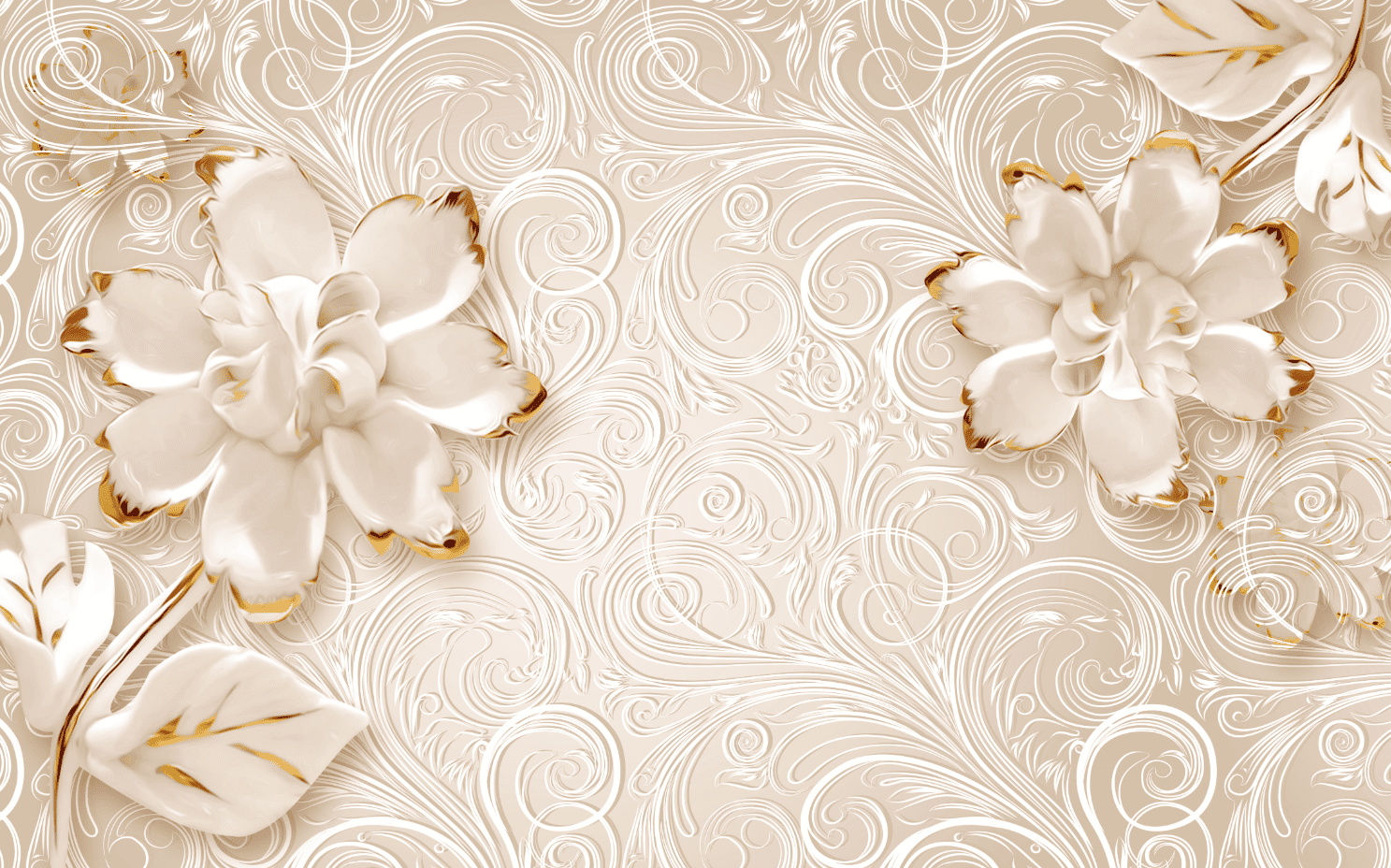 Fototapeta z kwiatami do salonu, tapeta bezszwowa "Białe i złote kwiaty" - obrazek 4