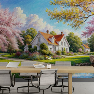 Fototapety do wnętrz z motywem przyrody, samoprzylepne, winylowe fototapety do domu „Domki w lesie”