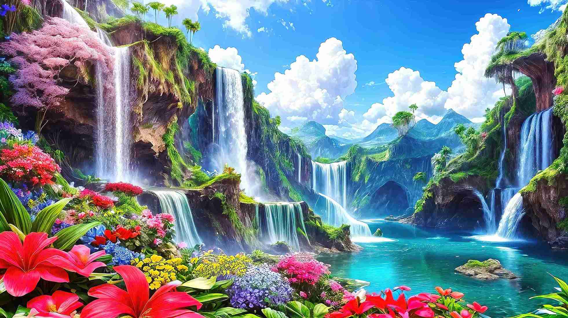 Fototapety z panoramicznym wzorem, samoprzylepne fototapety na ściany „Kwiaty przy wodospadzie” - obrazek 4