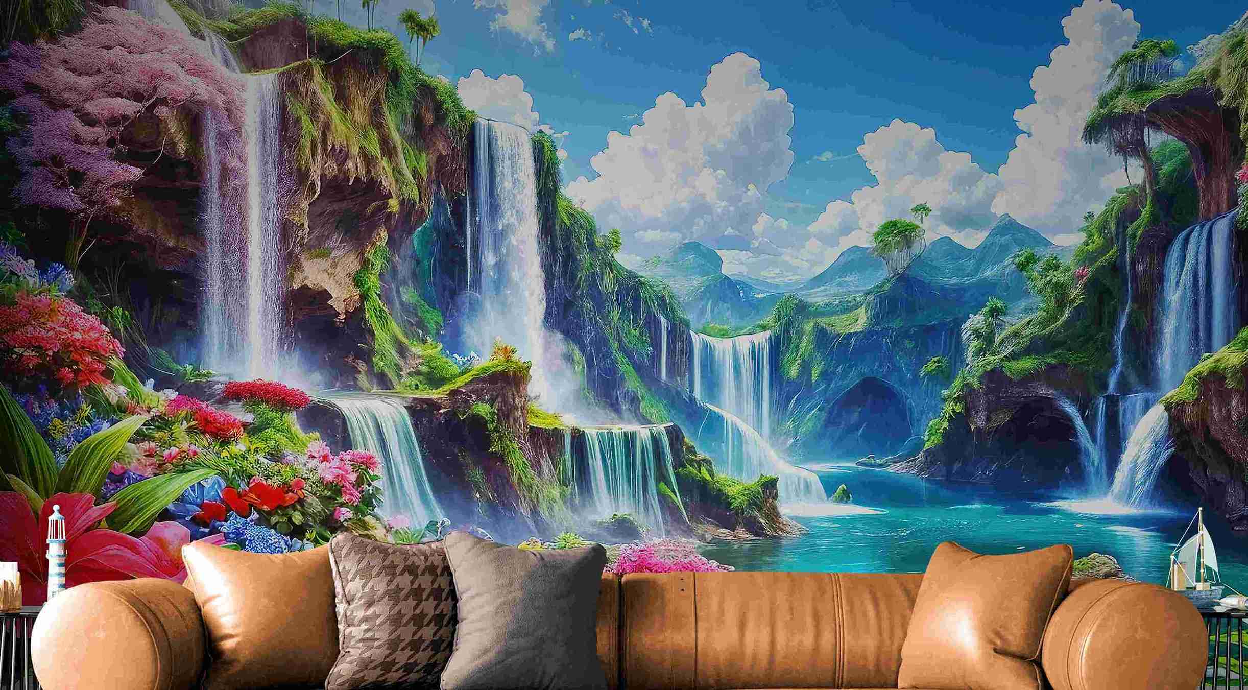 Fototapety z panoramicznym wzorem, samoprzylepne fototapety na ściany „Kwiaty przy wodospadzie” - obrazek 3