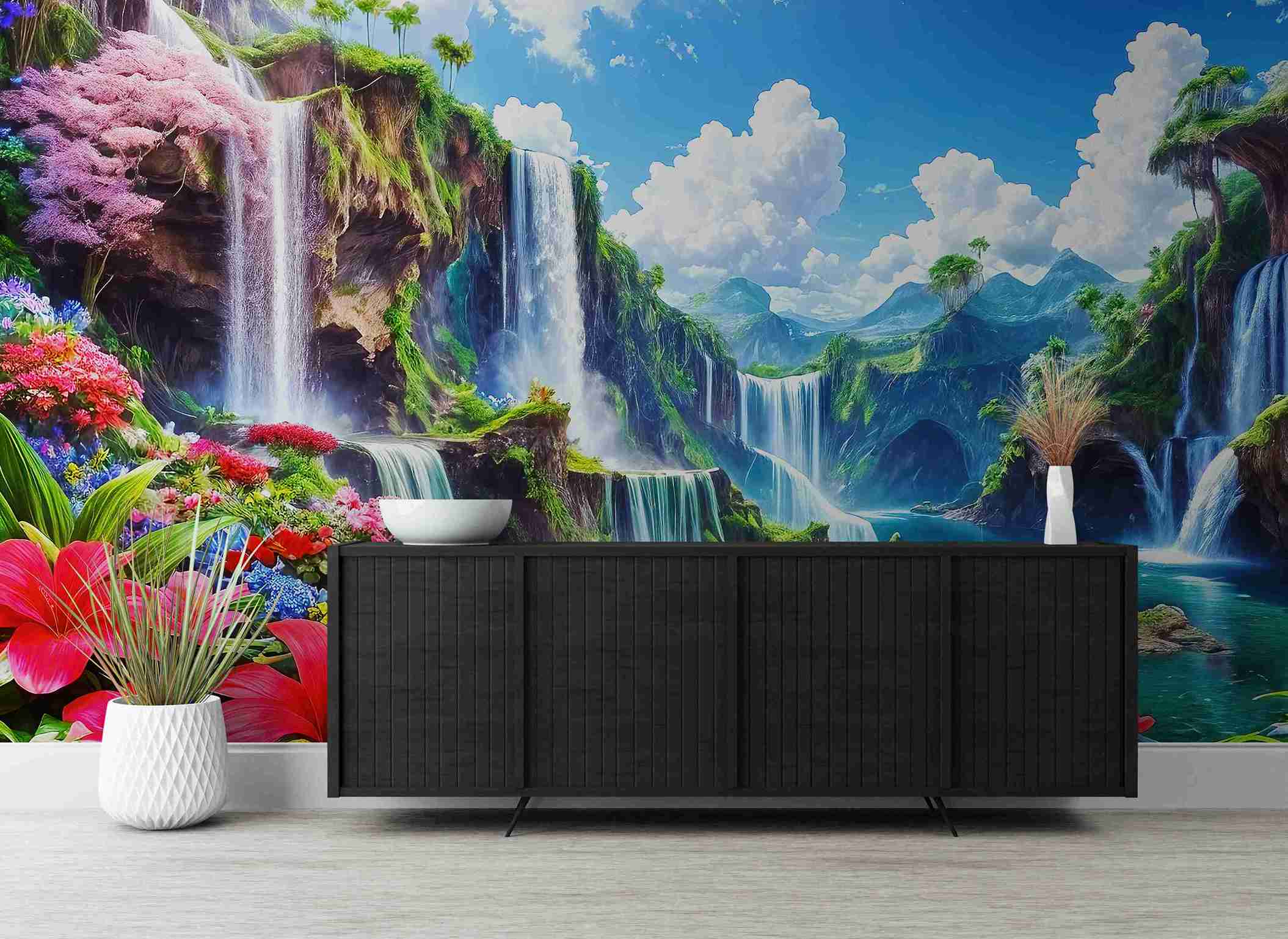 Fototapety z panoramicznym wzorem, samoprzylepne fototapety na ściany „Kwiaty przy wodospadzie” - obrazek 2