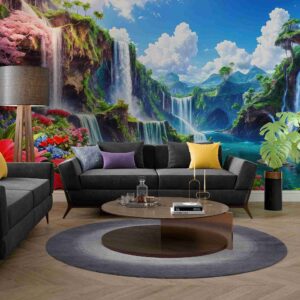 Fototapety z panoramicznym wzorem, samoprzylepne fototapety na ściany „Kwiaty przy wodospadzie”
