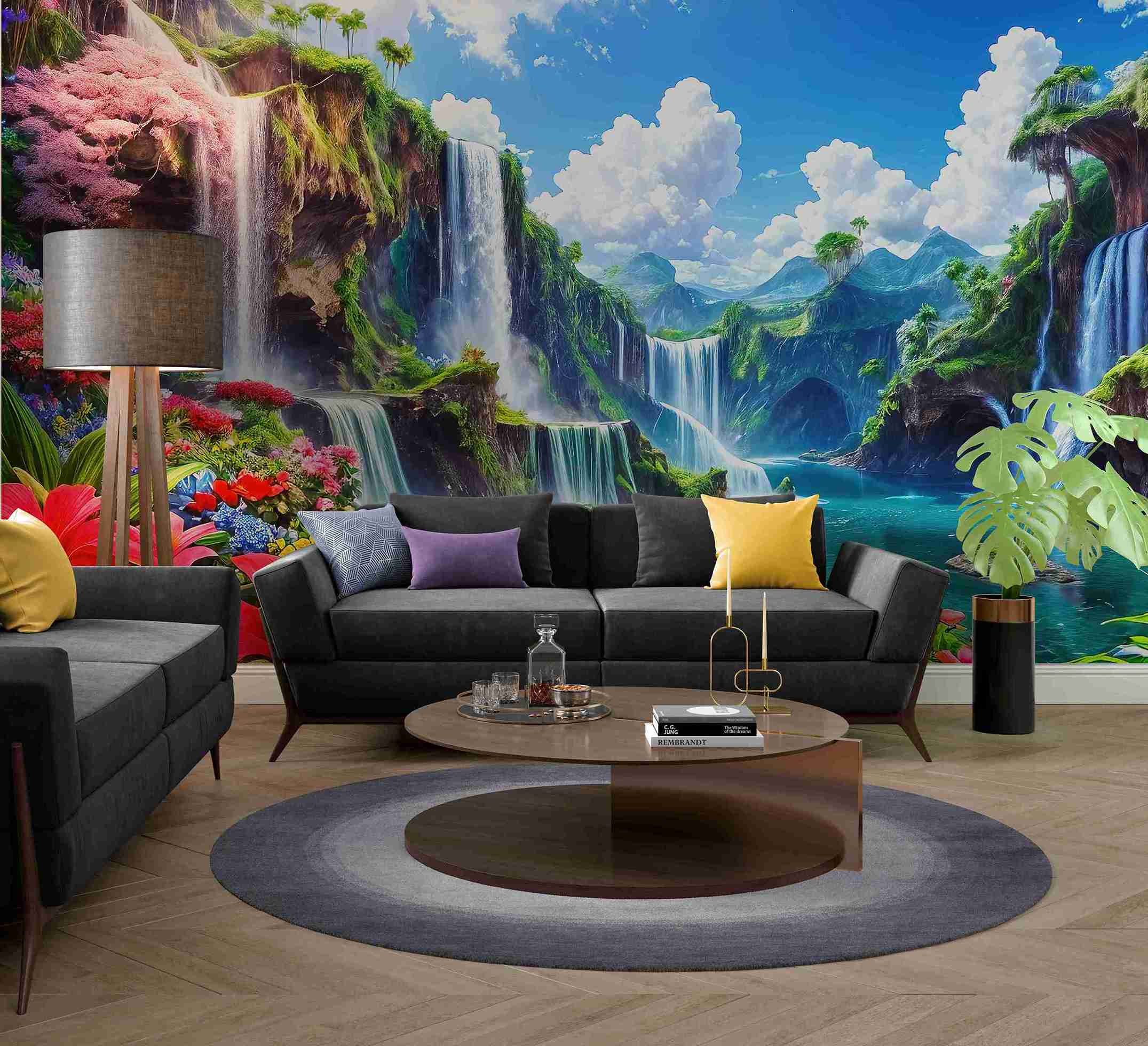 Fototapety z panoramicznym wzorem, samoprzylepne fototapety na ściany „Kwiaty przy wodospadzie”