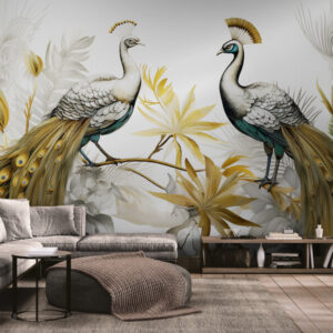 Złote fototapety, flizelinowe fototapety z pawimi „Złote ptaki”