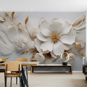 Fototapety z efektem 3D, fototapety z kwiatami do wnętrz „Biało-złoty kwiat”