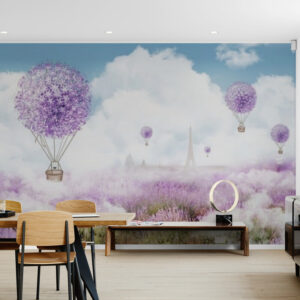 Delikatne fototapety z kwiatami, bezszwowe fototapety z panoramicznym widokiem na Paryż „Wieża Eiffla we mgle”