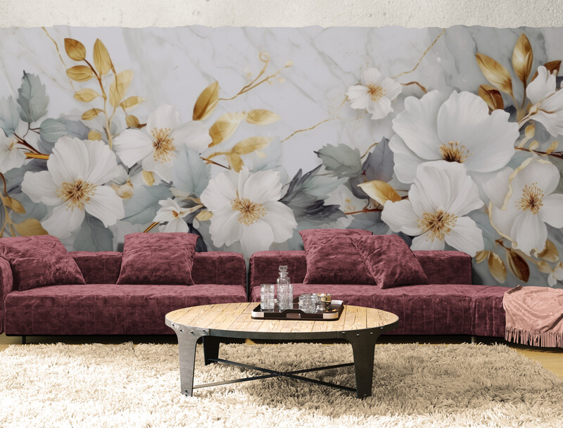 Fototapety z kwiatami, bezszwowe fototapety do salonu „Białe kwiaty na szarym tle” - obrazek 3