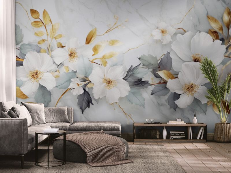 Fototapety z kwiatami, bezszwowe fototapety do salonu „Białe kwiaty na szarym tle”