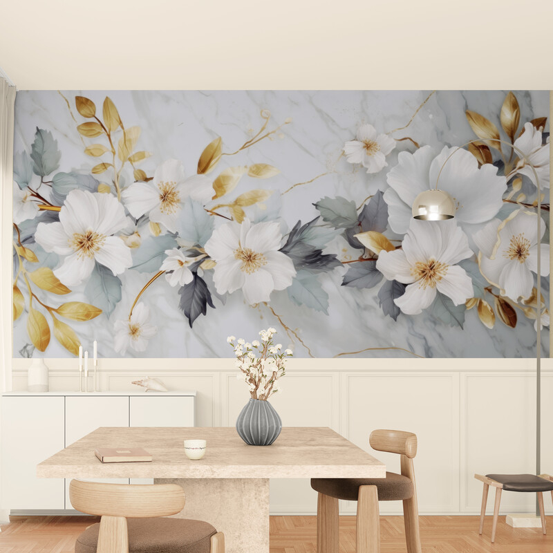 Fototapety z kwiatami, bezszwowe fototapety do salonu „Białe kwiaty na szarym tle” - obrazek 2