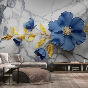 Fototapety z kwiatami, bezszwowe fototapety ze złotem „Niebieskie kwiaty”