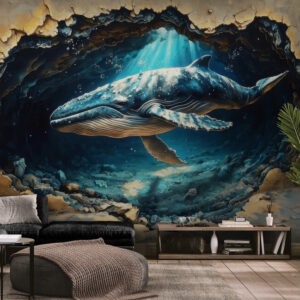 Fototapety 3D powiększające przestrzeń, bezszwowe fototapety z motywem zwierząt „Wieloryb”