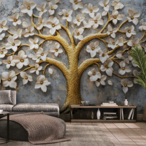 Fototapety 3D do domu, nowoczesne winylowe fototapety z roślinami „Złote drzewo”