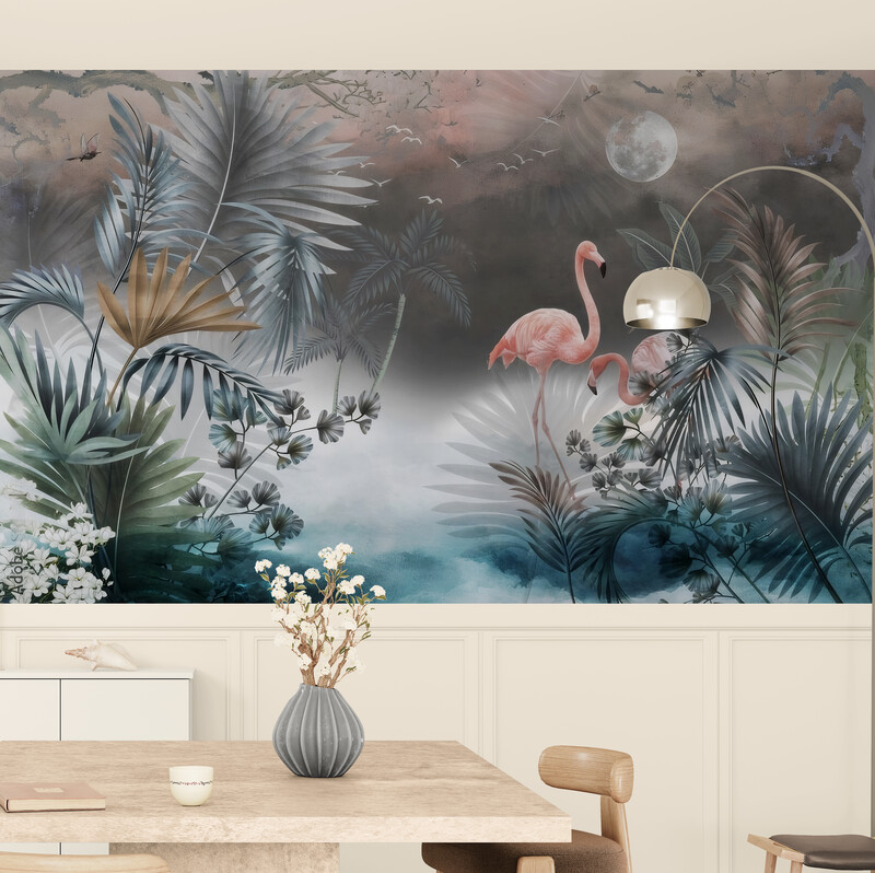 Fototapety z ptakami, winylowe fototapety na flizelinowej bazie do aranżacji wnętrza „Flamingi w tropikalnym lesie” - obrazek 3