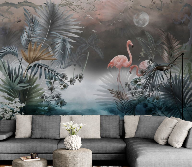 Fototapety z ptakami, winylowe fototapety na flizelinowej bazie do aranżacji wnętrza „Flamingi w tropikalnym lesie” - obrazek 2