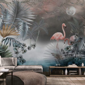 Fototapety z ptakami, winylowe fototapety na flizelinowej bazie do aranżacji wnętrza „Flamingi w tropikalnym lesie”