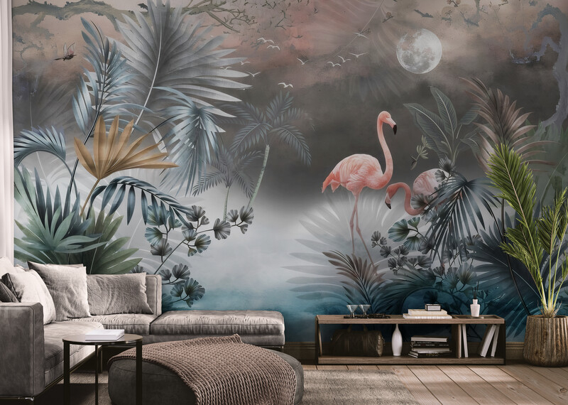 Fototapety z ptakami, winylowe fototapety na flizelinowej bazie do aranżacji wnętrza „Flamingi w tropikalnym lesie”