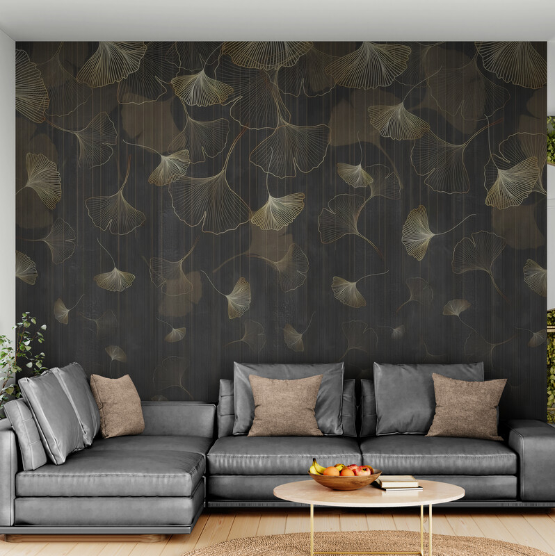 Ciemne fototapety ze złotem, abstrakcyjne winylowe fototapety na flizelinowej bazie do domu „Złote listki” - obrazek 3