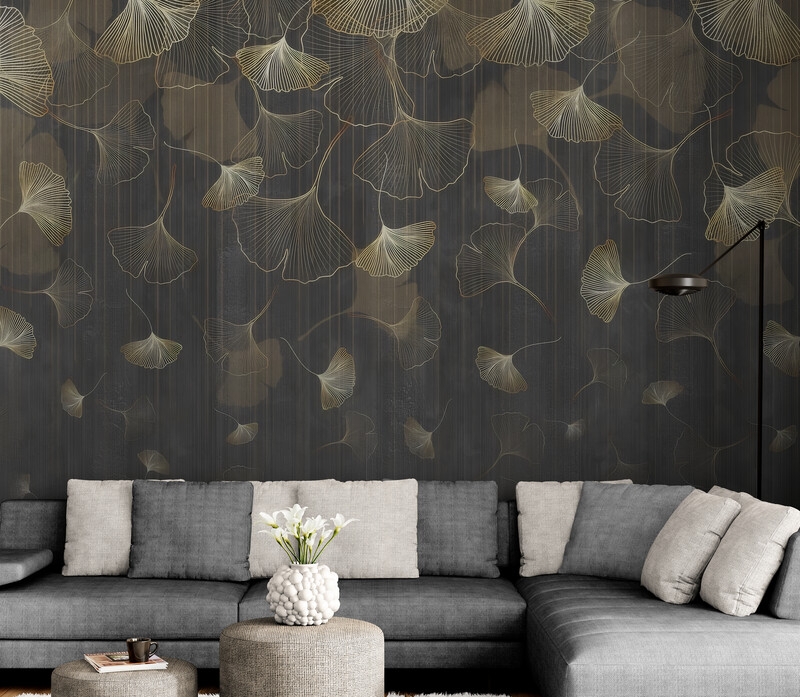 Ciemne fototapety ze złotem, abstrakcyjne winylowe fototapety na flizelinowej bazie do domu „Złote listki” - obrazek 2
