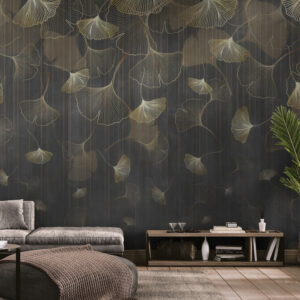 Ciemne fototapety ze złotem, abstrakcyjne winylowe fototapety na flizelinowej bazie do domu „Złote listki”