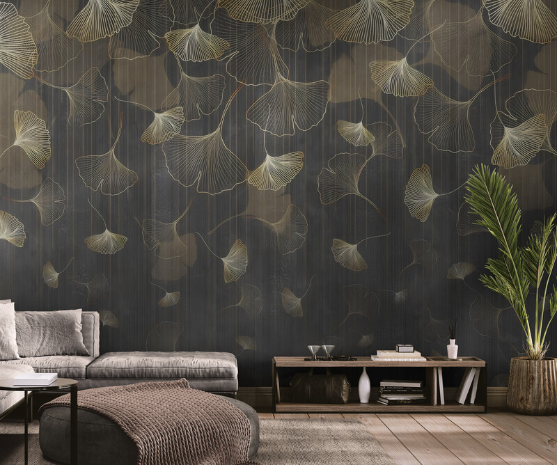 Ciemne fototapety ze złotem, abstrakcyjne winylowe fototapety na flizelinowej bazie do domu „Złote listki”