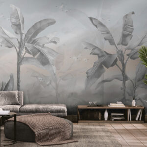 Fototapety tropikalne do salonu, neutralne bezszwowe fototapety z roślinami „Bananowe palmy”