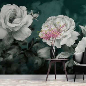 Fototapety z kwiatami, bezszwowe fototapety do domu „Białe róże na zielonym tle”
