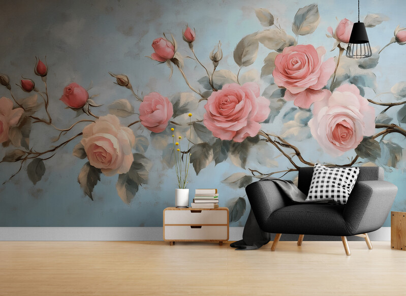 Fototapeta z różami, bezszwowa fototapeta z kwiatami do sypialni "Gałązka różowych róż" - obrazek 2