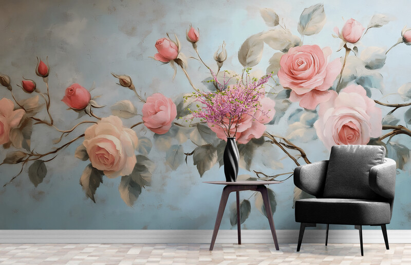 Fototapeta z różami, bezszwowa fototapeta z kwiatami do sypialni "Gałązka różowych róż"