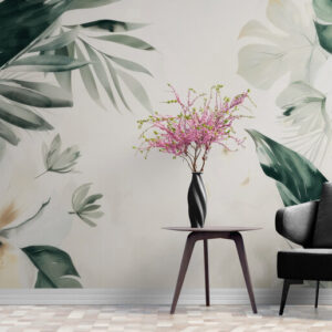 Fototapeta z nadrukiem kwiatowym, ekologiczna fototapeta z liśćmi "Liście i kwiaty"