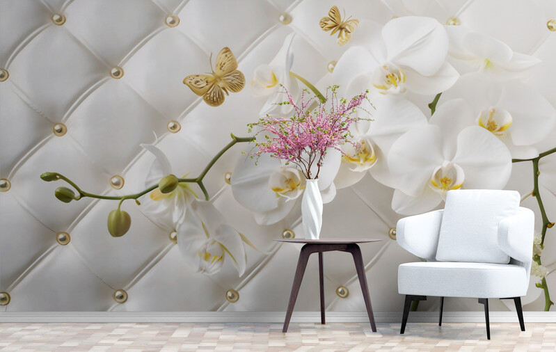 Fototapeta z kwiatami orchidei, bezszwowa fototapeta w odcieniach bieli i złota "Biała Orchidea" - obrazek 2