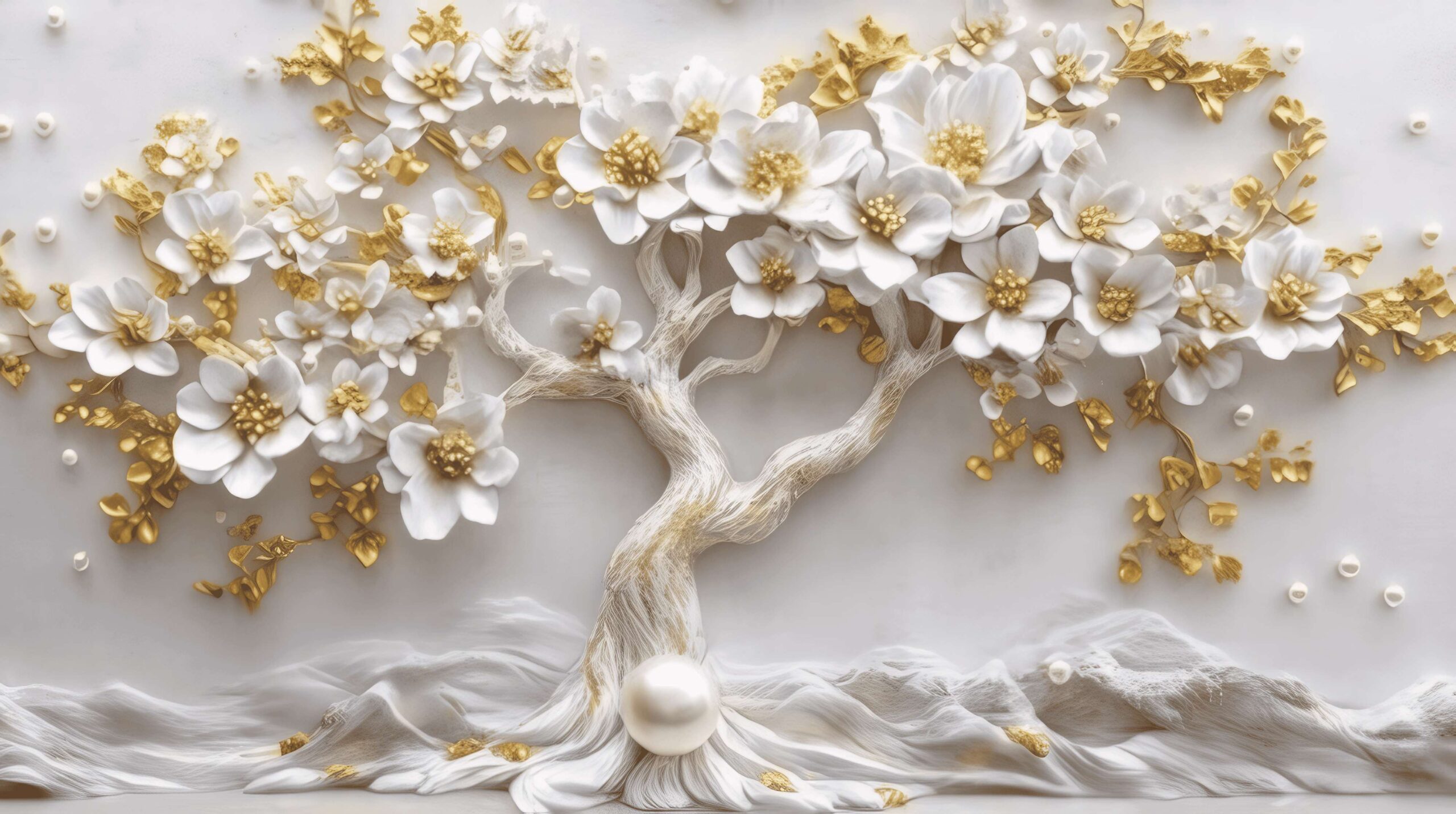 Fototapeta w kolorach białym i złotym, samoprzylepna fototapeta z trójwymiarowym nadrukiem drzewa "Biało-złote drzewo" - obrazek 4