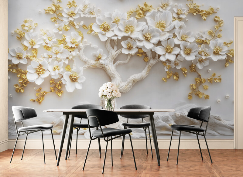 Fototapeta w kolorach białym i złotym, samoprzylepna fototapeta z trójwymiarowym nadrukiem drzewa "Biało-złote drzewo" - obrazek 3