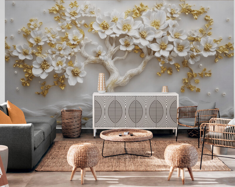 Fototapeta w kolorach białym i złotym, samoprzylepna fototapeta z trójwymiarowym nadrukiem drzewa "Biało-złote drzewo"