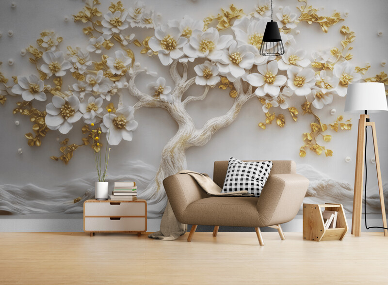 Fototapeta w kolorach białym i złotym, samoprzylepna fototapeta z trójwymiarowym nadrukiem drzewa "Biało-złote drzewo" - obrazek 2