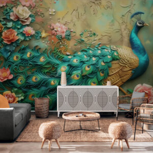 Bezszwowa fototapeta z ptakami, jasna fototapeta do wnętrza domu "Majestatyczny Paw"