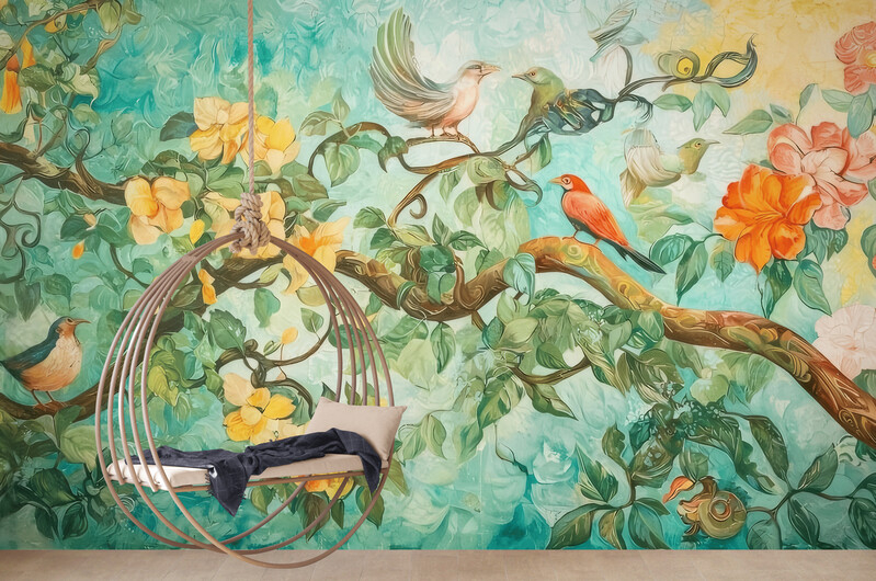 Fototapeta z botanicznym wzorem kwiatów i ptaków "Ptaki na drzewie" - obrazek 3